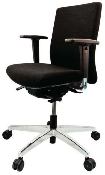 The office chair is black with a padded seat and a high backrest. It has armrests and is mounted on a chrome swivel base with five casters.