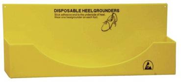 Das Bild zeigt einen gelben Behälter mit der Aufschrift "DISPOSABLE HEELGROUNDERS". Er enthält Einweg-Heelgrounder für Schuhe, mit Anleitung zur Benutzung. Ein einfaches, funktionales Design.