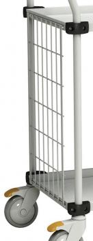The image shows a part of a shopping cart with a metal mesh body. It has sturdy, swivel wheels, two of which are equipped with yellow brakes. The cart is light gray.