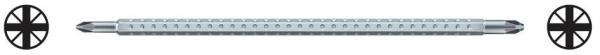 The image shows a long, straight metal rail with five round, narrow indentations. At both ends, there are round parts, likely wheels or suspensions.