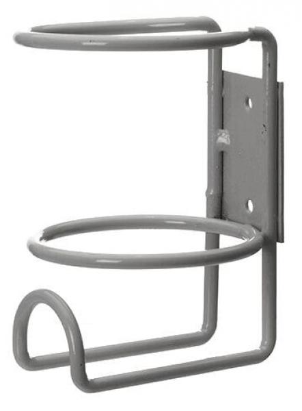 The image shows a gray metal holder. It has a round cutout on top to hold a beverage or similar, and is flat with a wall mount.