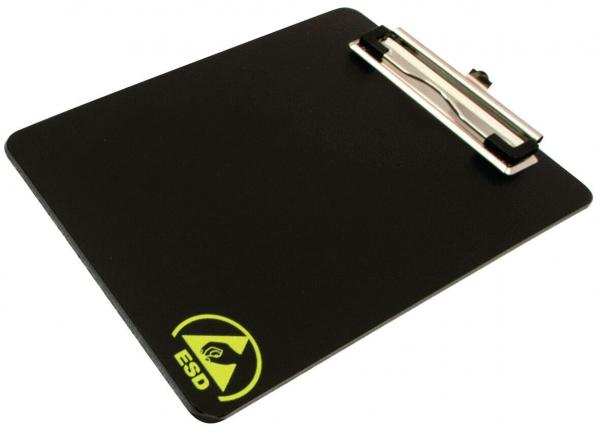 The image displays a black clipboard with a metallic clip at the top. In the bottom left corner, there is a yellow symbol labeled "ESD". The board has a flat, smooth surface.