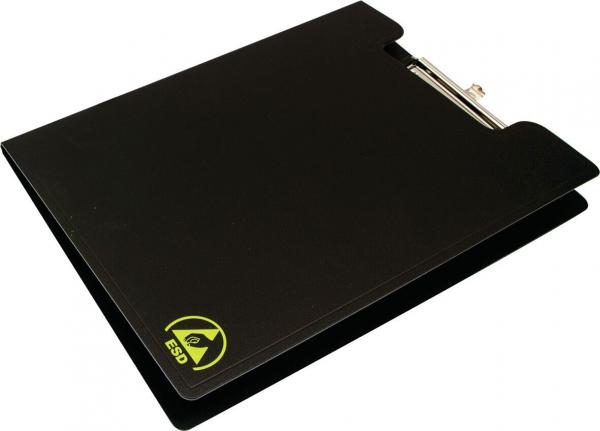 The image shows a black folder with a clamp at the top. The folder has a smooth surface and a small green logo on the front. It is closed and rectangular.