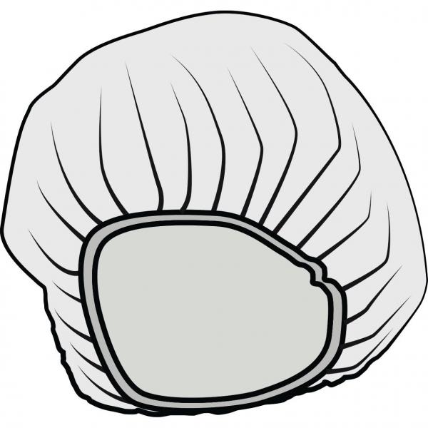 The image shows a shower cap. It is round, with an elastic edge. The top part is wrinkly and slightly curved, the lower edge is smoother and more clearly defined.