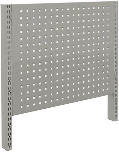 The image shows a gray wall with many small, uniform holes. It stands on two vertical supports and could be used as a storage system or workbench.