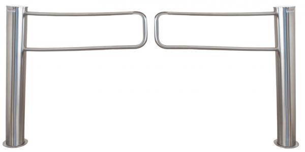 The image shows two vertical metal pillars with rounded surfaces that form a stylized barrier. The top rod is horizontal and slightly curved.