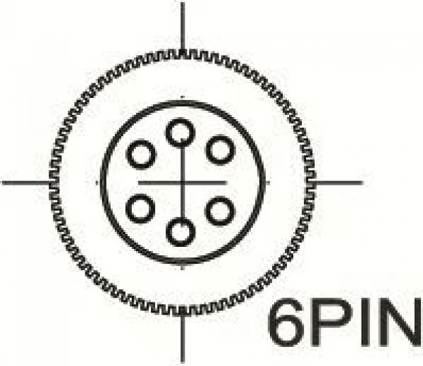 Das Bild zeigt eine kreisförmige Darstellung mit sechs Punkten, die gleichmäßig verteilen sind. In der Mitte kreuzt eine horizontale und vertikale Linie. Unterhalb steht "6PIN".