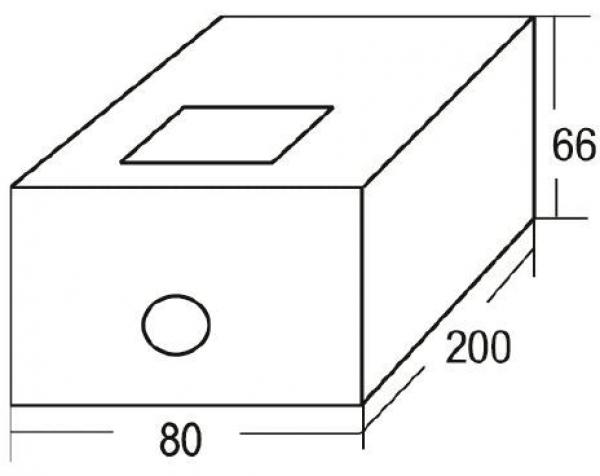 Das Bild zeigt einen rechteckigen Quader mit den Maßen 200 mm (Länge), 80 mm (Breite) und 66 mm (Höhe). An einer der kurzen Seiten befindet sich ein runder Ausschnitt. Oben ist ein rechteckiges Fenster.