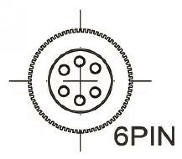 Das Bild zeigt einen runden Stecker mit sechs Pins in der Mitte. Um den Stecker verläuft ein gewellter Rand. Unterhalb steht die Beschriftung ?6PIN?.