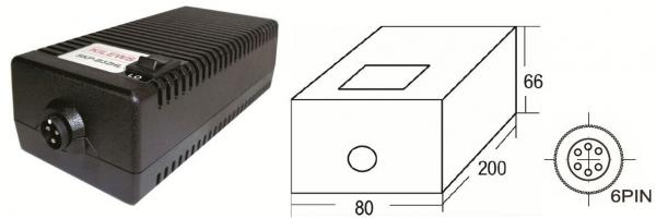 Das Bild zeigt ein schwarzes, rechteckiges Gerät mit einer Rippenoberfläche und einer Anschlussbuchse. Rechts ist eine technische Zeichnung, die Maße und einen Stecker mit 6 Pins zeigt.