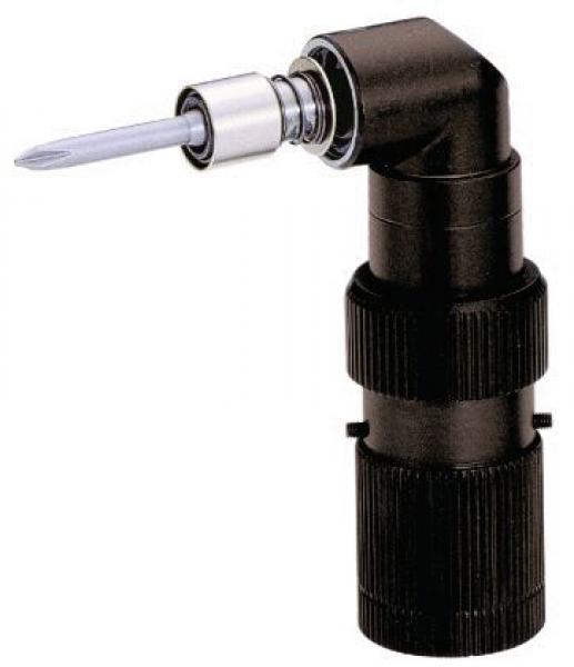 The image shows a black angle attachment with a screwdriver bit at the tip. The body is non-slip with vertical grooves. Ideal for tight spaces.