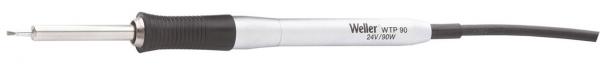 The image shows a soldering iron with a long, silver handle and a narrow, metallic soldering tip. A black cable runs from the bottom of the handle.