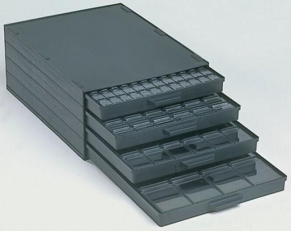 The image shows a black drawer box with several pull-out compartments. The compartments are flat and divided into various sizes to store small items.