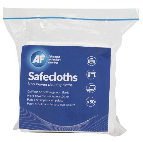 Die Abbildung zeigt eine transparente Verpackung mit einem blauen Etikett. Darauf steht "Safecloths" und Informationen über nicht gewebte Reinigungstücher. Es sind 50 Tücher enthalten.