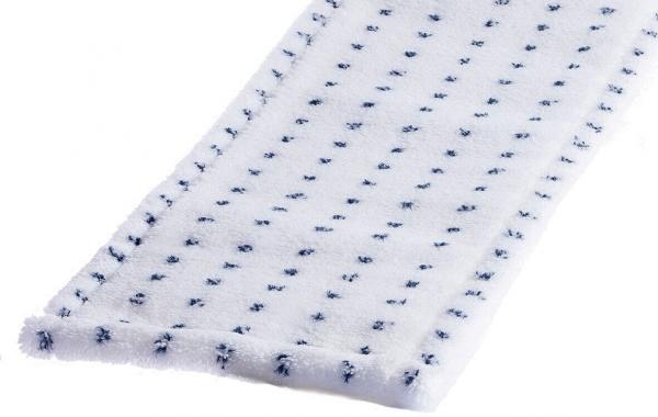 Das Bild zeigt einen weißen Frottee-Streifen mit blauen Punkten. Er hat einen weichen, fluffigen Stoff und ist an den Rändern leicht fransig. Ideal für Reinigung oder als Handtuch.