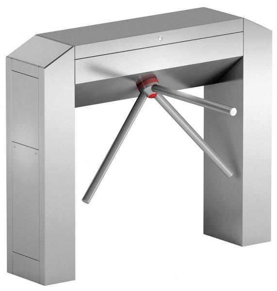 Das Bild zeigt einen Drehkreuz aus Edelstahl. Es hat eine rechteckige Form mit drei horizontalen Armstangen, die sich drehen, um den Eingang zu kontrollieren.