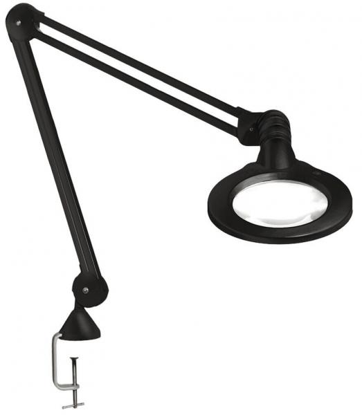 The image shows a black magnifying lamp with a flexible arm. The lamp has a round lens and a clamp attachment to secure it to a table.