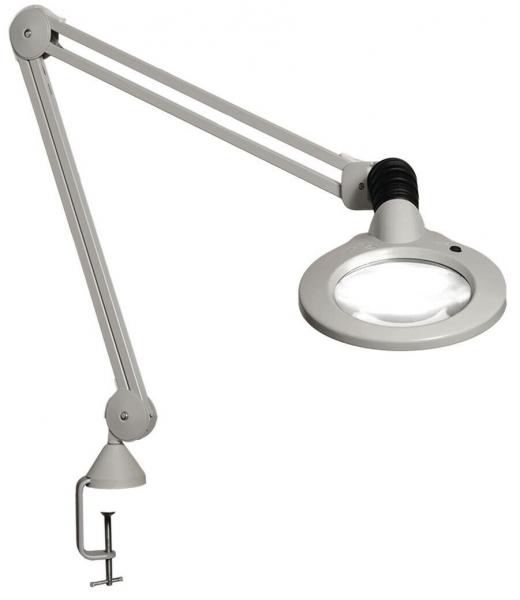 The image shows a swivel magnifying glass with integrated light. It has a white, flexible arm and a clamp for attaching to a table. The lens is round and magnifies objects.
