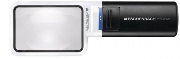 The image displays a handy magnifying glass with a rectangular glass element and a black handle. The lens is large and clear, the handle features a switch and a logo.