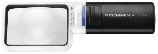 The image displays an electronic magnifying glass. It features a rectangular lens surrounded by a black and white casing. On the side, there is a control panel with buttons.