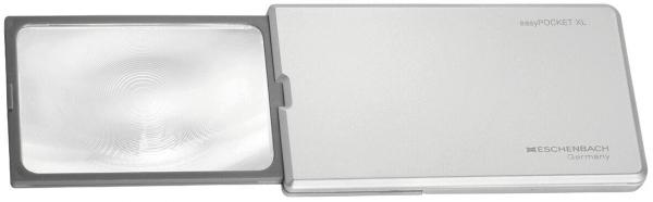 The image shows a collapsible magnifying glass in a silver, rectangular casing. The lens is transparent and flush with the casing, ideal for reading and enlarging texts.