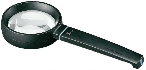 The image shows a magnifying glass with a round lens, surrounded by a black frame. The handle is also black and has a slight bulge for better grip.