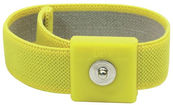 Das Bild zeigt ein gelbes Armband aus flexiblem Material. Es hat einen stabilen Klickverschluss in der Mitte, der dient dazu, das Armband sicher zu befestigen.