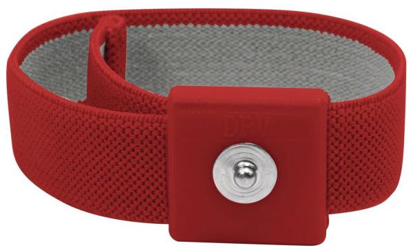 Es handelt sich um ein flexibles, rotes Armband mit einem breiten, glatten Teil in der Mitte. Die Innenseite ist grau und hat eine strukturierte Oberfläche. Ein Metallknopf ist sichtbar.