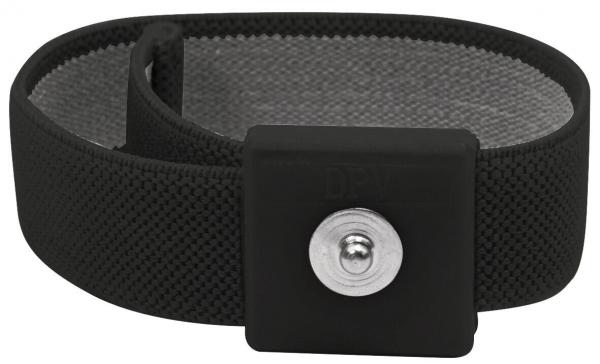 Es handelt sich um ein schwarzes Armband aus flexiblem, mesh-artigem Material. Es hat einen festen Verschluss aus silbernem Metall, der rund ist und mittig sitzt.
