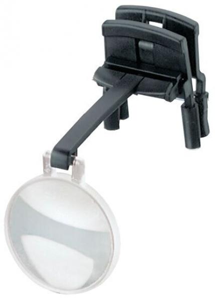 Das Bild zeigt eine schwarz-weiße Lupe mit einem Clip. Der runde Glaskopf ist transparent und leicht vergrößernd. Der Clip dient zur Befestigung an Büchern oder anderen Oberflächen.