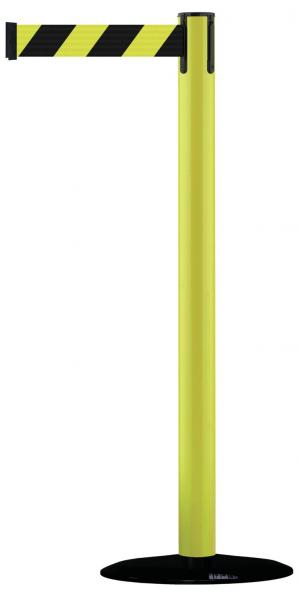 The image shows a striking, vertical post in bright yellow. At the top, there is a black-flecked barrier tape that can be extended horizontally.