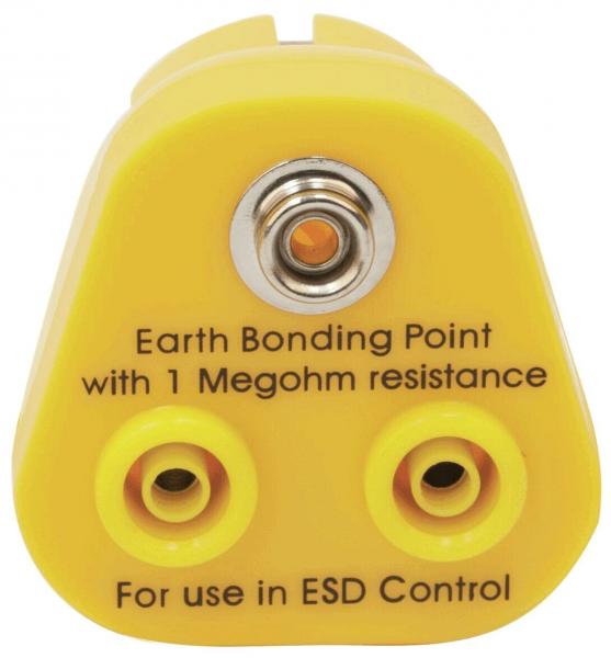 Das Bild zeigt einen gelben, dreieckigen Stecker mit einem zentralen Anschluss und zwei seitlichen Buchsen. Beschriftungen informieren über die Erdung und ESD-Kontrolle.