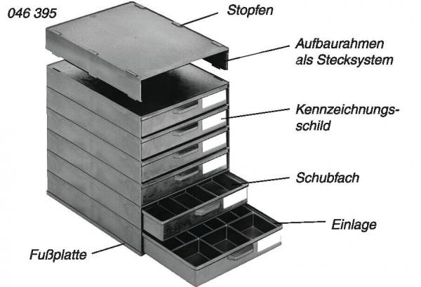 The image shows a stackable storage system with multiple drawers. Each drawer has small compartments and is equipped with a labeling tag. There is a baseplate on top.