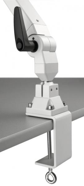 The image shows a mechanical arm attached to the edge of a table. The arm features a flexible joint mechanism and is colored white. It is securely mounted and has a clamp.