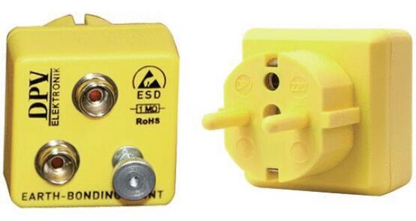 The image shows a yellow grounding plug from DPV Electronics. It has two holes and a round socket on the right side, which is used for electrical devices.