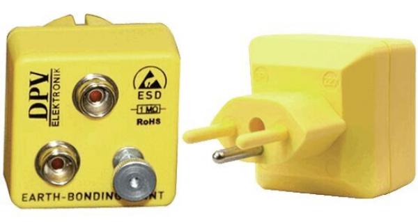 The image shows a yellow adapter with two sockets on the left side and a plug on the right side. The adapter is for grounding and is intended to protect against electrostatic discharge.
