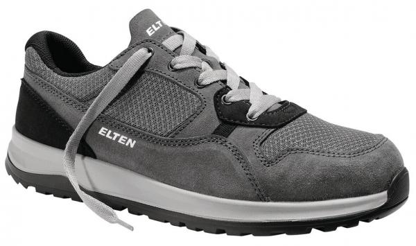 Der Schuh ist ein grauer Sneaker mit einem Obermaterial aus Textil und Wildleder. Er hat eine weiße Sohle, schwarze Details und graue Schnürsenkel. Die Marke ?ELTEN? ist an der Seite zu sehen.