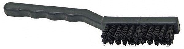 The image shows a black wire brush with a long, ergonomic handle. The bristles are stiff and dense, ideal for cleaning surfaces.