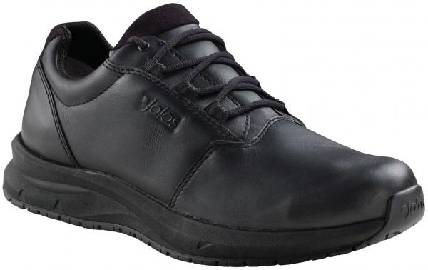 Das Bild zeigt einen schwarzen, bequemen Schuh aus Leder mit flacher Sohle. Er hat ein schlichtes Design mit Schnürsenkeln und ist für den Alltag geeignet.