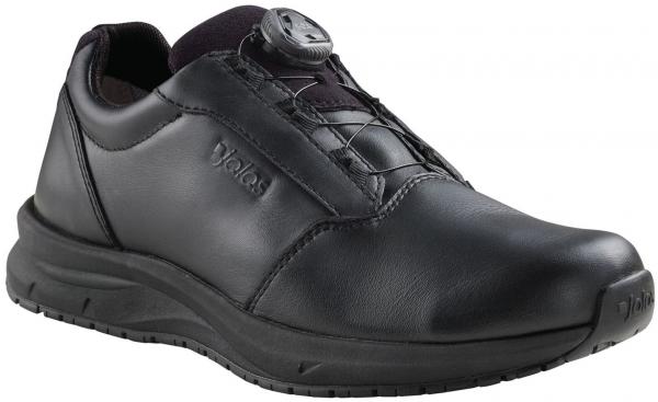 The image shows a black leather shoe with a low silhouette. It has a textured surface and a quick lacing system that is secured with a twist knob.