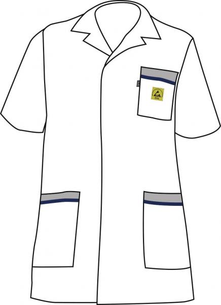 The image shows a white, short lab coat. It features a collar-style neckline, two side pockets with blue stripes, and a small breast pocket.