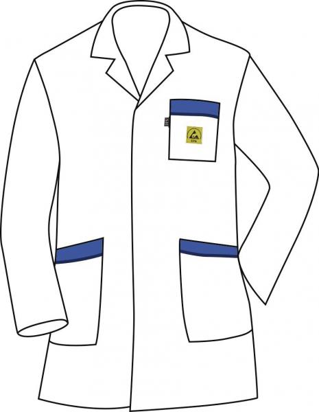 The image shows a white lab coat. It has a collar, long sleeves, and two blue pockets. A small pocket on the left side features a yellow label. The coat is simple and functional.