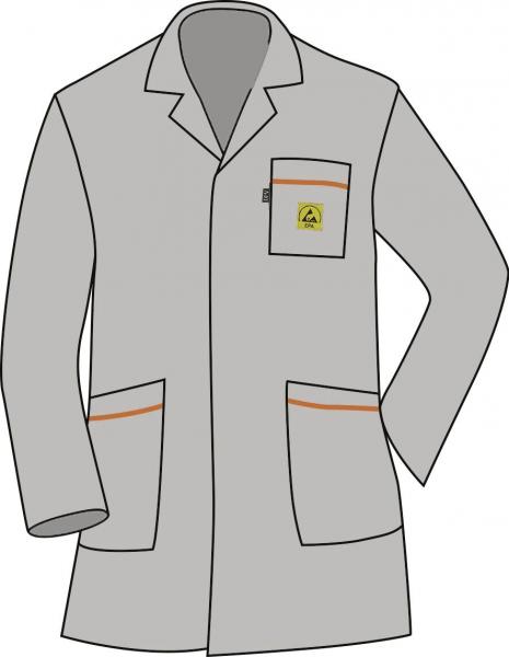 The image shows a gray lab coat. It has long sleeves, a chest pocket, and two side pockets. The coat is plain and features an orange accent line.