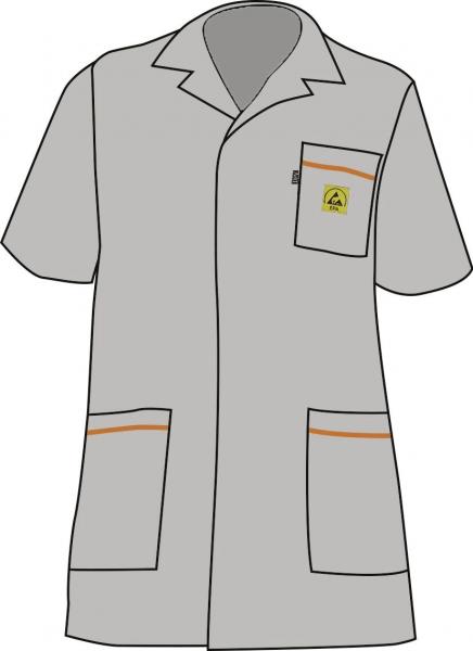 The image shows a gray coat with short sleeves. It has a collar, a chest pocket, and two front pockets. An orange line adorns the pockets. A logo is on the chest pocket.