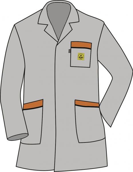 The image shows a gray lab coat. It has long sleeves, a lapel collar, and orange pockets. A small pocket is located on the upper left side of the chest.