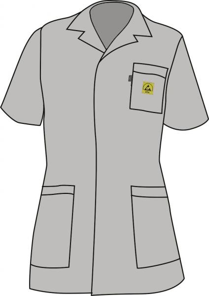 The image shows a gray, short-sleeved shirt with a collar. It has a chest pocket and two large pockets on the front. A yellow logo is located on the chest pocket.