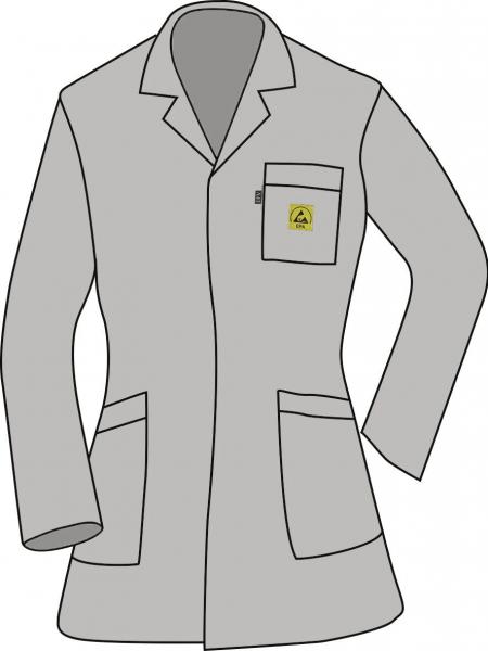 The image shows a gray lab coat. It has long sleeves, a lapel collar, and two large pockets. On the left chest, there is a small, yellow emblem.