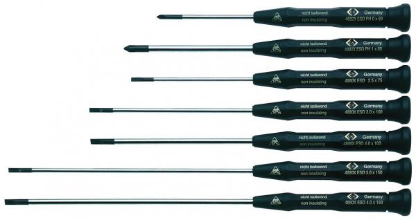 The image shows a series of black screwdrivers in various sizes, arranged from left to right. Each has a long, thin metal shaft and an ergonomic handle.