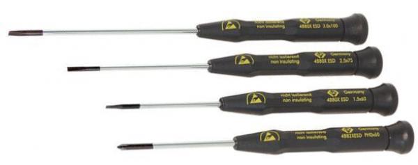 The image shows four screwdrivers with black handles and yellow prints. The blades vary in length and are pointed, suitable for delicate work on electronics.