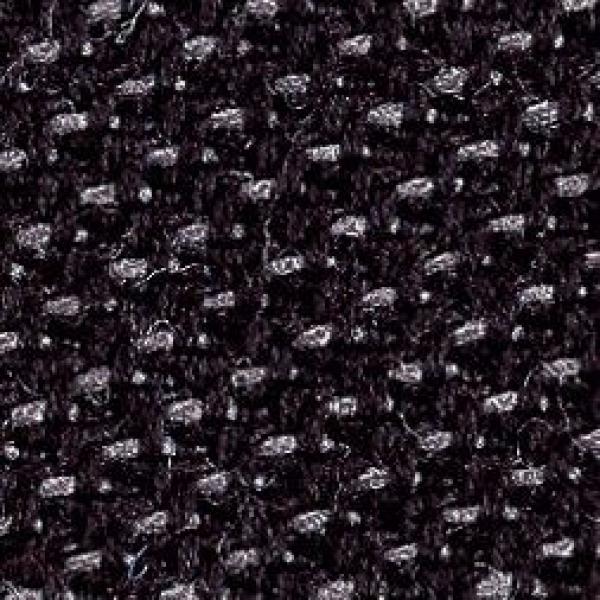 The image shows a tightly woven, black textile pattern with fine, shiny threads. The structure appears uniform and has gentle waves that vary.